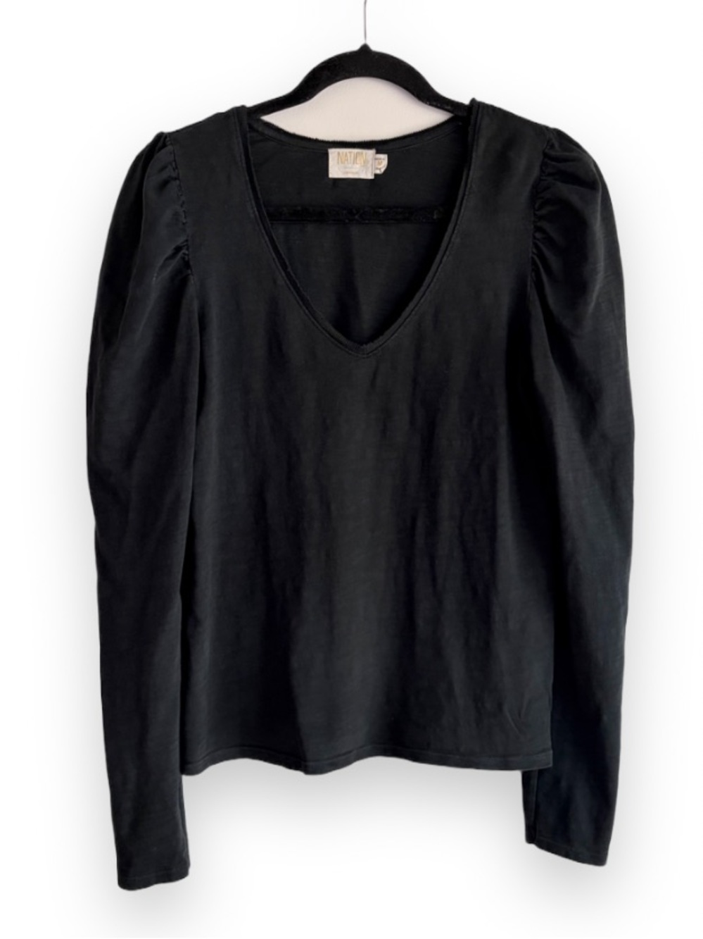 Nation LTD Black 100% Cotton V Neck Puff Sleeve Knit Shirt Size M